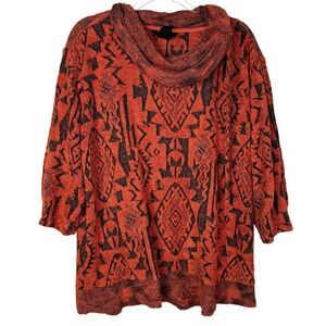 Ali Miles Sweater Womens 1X Orange Black Aztec Knit Cowl Neck Tunic 3/4 Sleeve